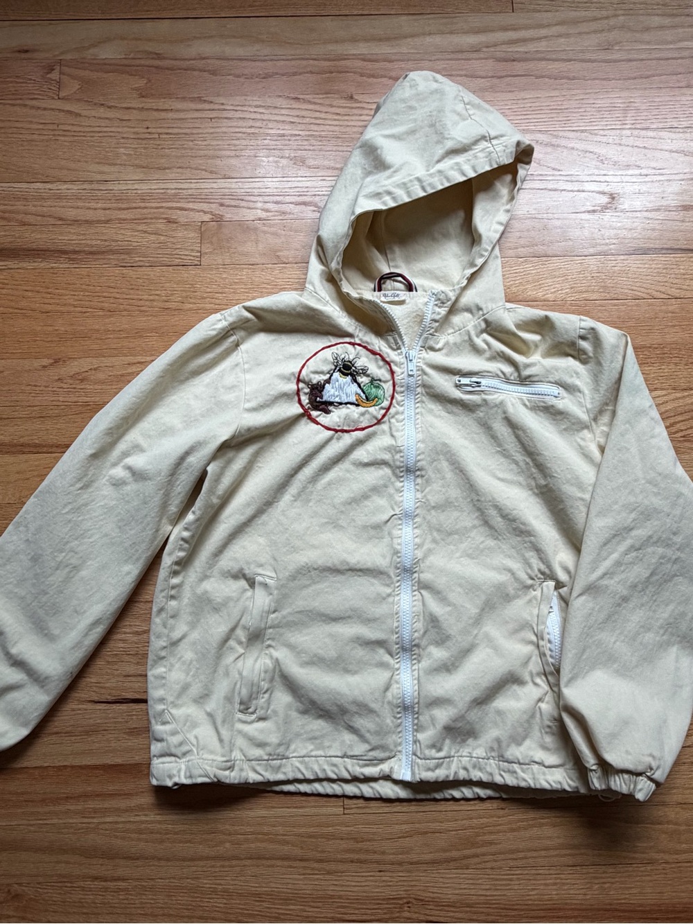 John Galt Brandy Melville Cream Hooded Canvas Jacket with Embroidered Patch - OS